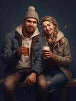 Happy camping couple drink coffee early in morning spend leisure time in camp site near bonfire carry binoculars stop for having break wear warm outfit isolated over blue wall Peop, Generative AI photo