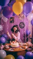 Impressed stupefied Asian woman wears princess crown and jumper dresses for birthday party holds delicious cake with burning candles poses near bunch of inflated balloons being ver, Generative AI photo