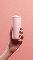 Photo of happy woman streatches hand to tasty dessert on table drinks fresh milk feels temptation bites lips wears red knitted jumper glasses isolated on pink background Cheat meal, Generative AI