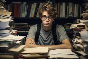 Photo of sad lonely student focused in opened book with dissatisfied expression keeps hands on cheeks wears spectacles for good vision surrounded with papers feels dejected crams m, Generative AI