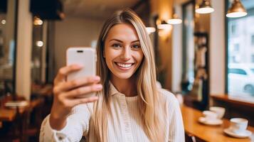 Positive European female shares impressions after good holidays abroad with her Asian friend shows photos and video on mobile phone spend free time together against cozy coffee sho, Generative AI