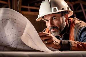 grave barbado hombre arquitecto sostiene Ingenieria proyecto hace silencio gesto usa casco de seguridad protector uniforme poses en contra rosado antecedentes misterioso construcción trabajador con bui, generativo ai foto