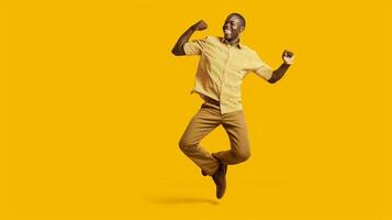 Photo of happy African couple dance together against yellow background move body actively show okay gesture wear casual yellow t shirt have fun during party Monochrome Feeling rhyt, Generative AI