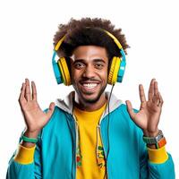 Portrait of millennnial meloman man with dreadlocks wears yellow headphones smiles broadly enjoys favourite music dressed in white sweater isolated over blue background has happy m, Generative AI photo
