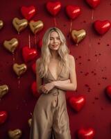 Surprised woman with fair curly hair prepares for St Valentines Day holdsheart shaped balloons and home made cake has leaked makeup poses against vivid red background Holiday is co, Generative AI photo