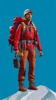 Studio shot of serious unshaven male backpacker keeps binoculars near eyes wears hat and red jacket explores new way carries tourist backpack stands against blue background trekks , Generative AI photo