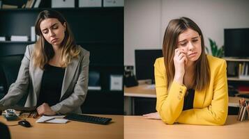 dos diverso mujer trabajo a oficina escritorio en nuevo promoción acción utilizar móvil teléfono Mira con indignación a monitor no puedo entender qué Error ellos hizo tener lío a encimera trabajador independiente, generativo ai foto