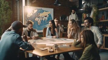 Young college students from different countries working together sitting at coworking space at table discussing main issues presenting their knowledge in particular sphere exchangi, Generative AI photo