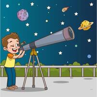 Vector Illustration of Children looking at telescope.Children looking through telescope in the night cartoon vector illustration graphic design.