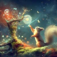 Enchanted Arboreal Maestro, Behold the Majestic Squirrel Wielding Nature's Flourish. AI Generated photo