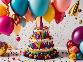 Birthday celebration with colorful balloons, a cake, and a glittering confetti-covered background ai generate photo