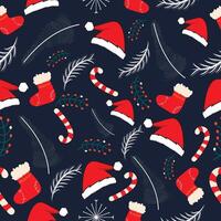 Christmas background with ornamental hat,, gift, holly, toy. Holiday colorful seamless pattern. Winter background.Ready to print for fabric, textile, wrapping paper and other decoration. vector