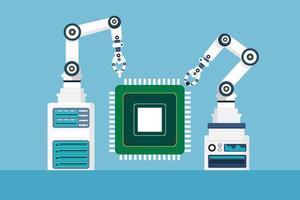 Automatic robot arm produces processor,microchip,chipset,Industrial Ai robot manipulators,Application of artificial intelligence in controlling production lines,flat vector illustration.