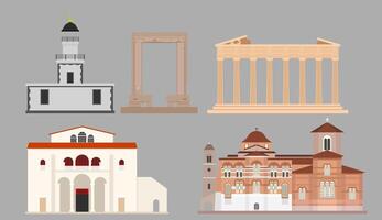 Flat landmarks of Greece Major tourist attractions include Acropolis in Athens, Akrotiri Lighthouse Santorini, Apollo Temple Naxos, Church Panagia Ekatontapiliani Paros, Hosios Loukas Monastery. vector