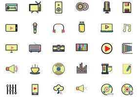 Music and Entertain icons set.Set of 30 icons for sound  such as cup of Coffee,Tv, equalizer,CD,DVD,computer,music note, loudspeaker.Vector voice and melody concept. vector