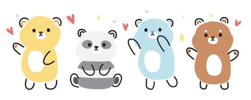 Set of cute bear various poses in line hand drawn style.Wild animal character cartoon design.Teddy collection.Minimal.Kawaii.Vector.Illustration. vector