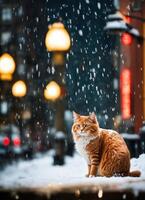 ai generado jengibre gato sentado en nieve y mirando a cámara. invierno antecedentes. ai generativo foto