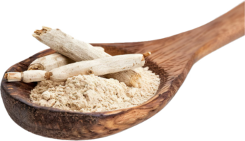 AI generated Ashwagandha Roots and Powder in Wooden Spoon png