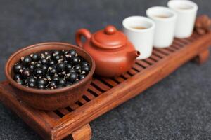 Traditional accessories for tea ceremony, black tea, green tea, oolong, puer, and chaban. Oriental beveradges. Calm meditation concept photo