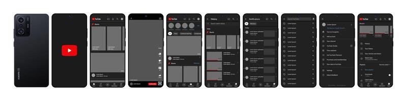 YouTube mobile interface in Xiaomi Redmi11T. You Tube screen social media, video hosting interface template. Homepage, logo, recommendations, subscription, profile. Dark theme. Editorial illustration vector