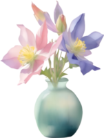 ai generiert ein Vase von Akelei Blumen, ein Aquarell Gemälde von ein Vase von Akelei Blumen. png