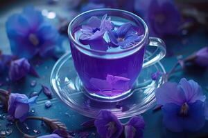 AI generated Clitoria ternatea, herbal tea, purple blue flower and drink . minuman bunga telang,generative ai photo