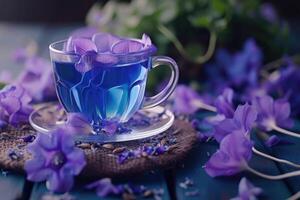 ai generado clítoris ternatea, herbario té, púrpura azul flor y bebida . minuman bunga telang, generativo ai foto