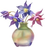 ai generiert ein Vase von Akelei Blumen, ein Aquarell Gemälde von ein Vase von Akelei Blumen. png