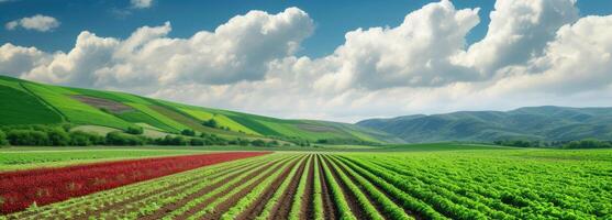 AI generated Panoramica View Ofcolorful Fields, and Rows of Currant Bush Seedlings as A Background Composition. generative ai photo