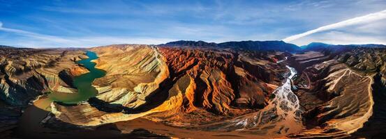 Amazing scenery of china mountains and blue sky background in sunset. Zhangye Danxia National Geopark, Gansu, China. Colorful landscape, rainbow hills, unusual colored rocks, sandstone erosion photo