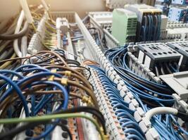 Terminal connection relay control, automatic relay control on the panel board manchinery, electrical service concept, electrical background. photo