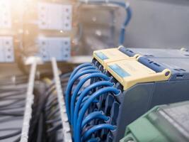 Terminal connection relay control, automatic relay control on the panel board manchinery, electrical service concept, electrical background. photo