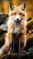 ai generado maravilloso rojo zorro vulpes vulpes sentado en roca. bosque majestad. un vislumbrar dentro fauna silvestre. foto