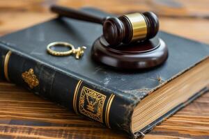 AI generated Divorce law, family law concepts. Court gavel ,ring and law book at lawyer office photo