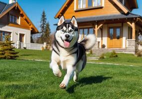 AI generated Cute Siberian Husky running on the lawn near a beautiful house. It's a sunny spring day. photo