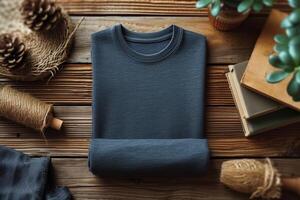 AI generated A mock-up of an empty black T-shirt with accessories on the table. lifestyle concept photo