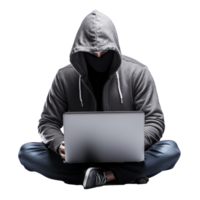 ai gegenereerd hacker in capuchon gebruik makend van laptop PNG geïsoleerd Aan transparant achtergrond