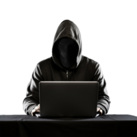 ai gegenereerd hacker in capuchon gebruik makend van laptop PNG geïsoleerd Aan transparant achtergrond