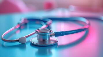 AI generated Stethoscope on blue background. Medical concept. Selective focus. photo