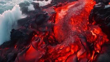 ai gegenereerd vulkanisch lava stromen in Hawaii vulkanen nationaal park, lava is binnengaan de oceaan met veel klein stromen, ai gegenereerd video