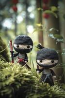 ai generado caprichoso aventura. temática ninja amigurumi caracteres embarcar en un épico viaje. dinámica poses y dramático Encendiendo crear un juguetón escena en De arriba hacia abajo disparo. foto