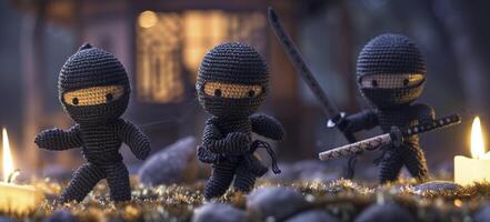 ai generado caprichoso aventura. temática ninja amigurumi caracteres embarcar en un épico viaje. dinámica poses y dramático Encendiendo crear un juguetón escena en De arriba hacia abajo disparo. foto