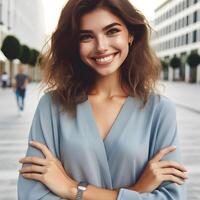 AI generated Young happy pretty smiling professional business woman, happy confident positive female entrepreneur standing outdoor on street arms crossed photo