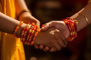 AI generated Siblings exchange colorful bracelets, symbolizing a bond of protection photo