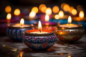 AI generated Traditional indian oil lamps for diwali festival on dark background photo