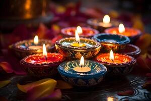 AI generated Traditional indian oil lamps for diwali festival on dark background photo