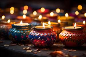 AI generated Traditional indian oil lamps for diwali festival on dark background photo