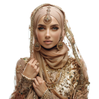 AI generated So pretty muslim model wearing finest dress and jewelry isolated on transparent background png