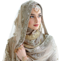 AI generated So pretty muslim model wearing finest dress and jewelry isolated on transparent background png