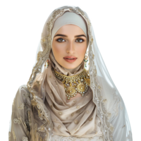 AI generated So pretty muslim model wearing finest dress and jewelry isolated on transparent background png